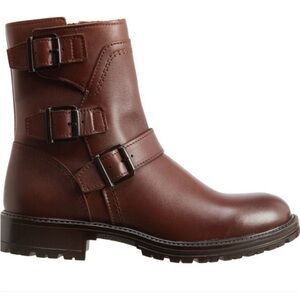 Bootlegger Astra Buckled Moto Boots, crafted in Portugal from leather. Size 9